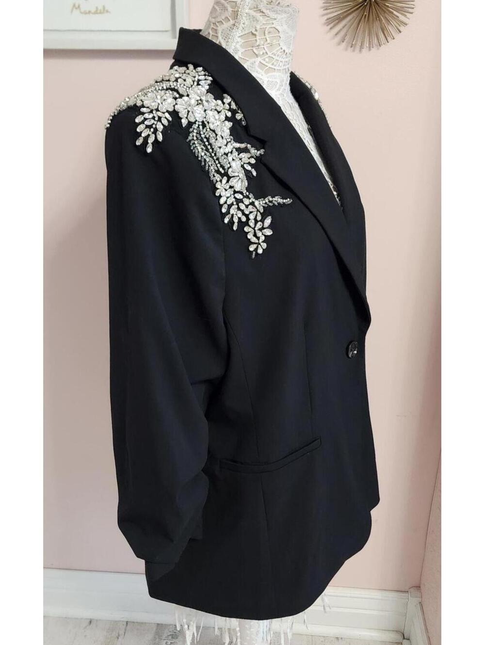 Gibson & Latimer Black Crystal Embellished Blazer XXL Rhinestone Jacket